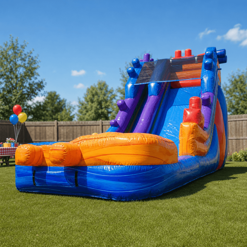 Building Block Slide 20′ set up for a fenced-yard birthday party