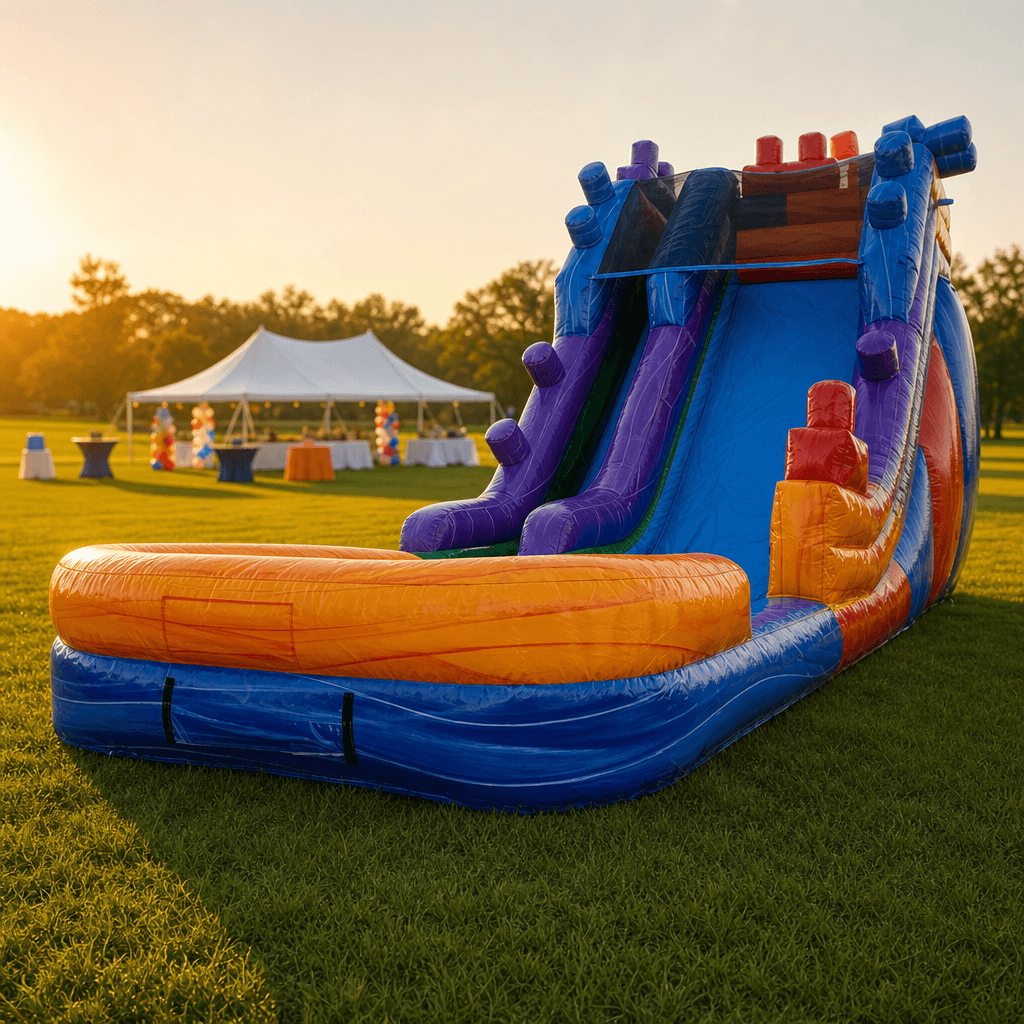 Building Block Slide 20′ at a community event (golden hour)