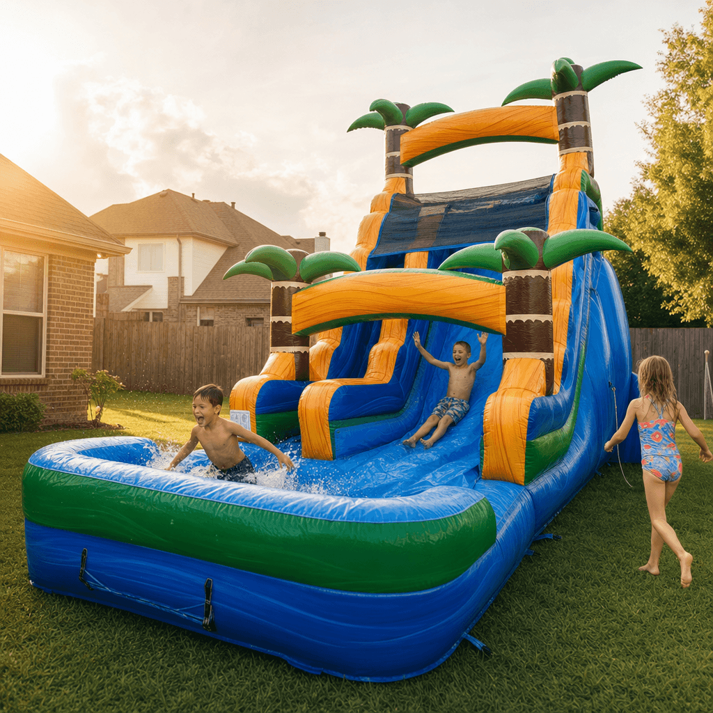 Palm Tree Slide 20′ in use at a backyard party