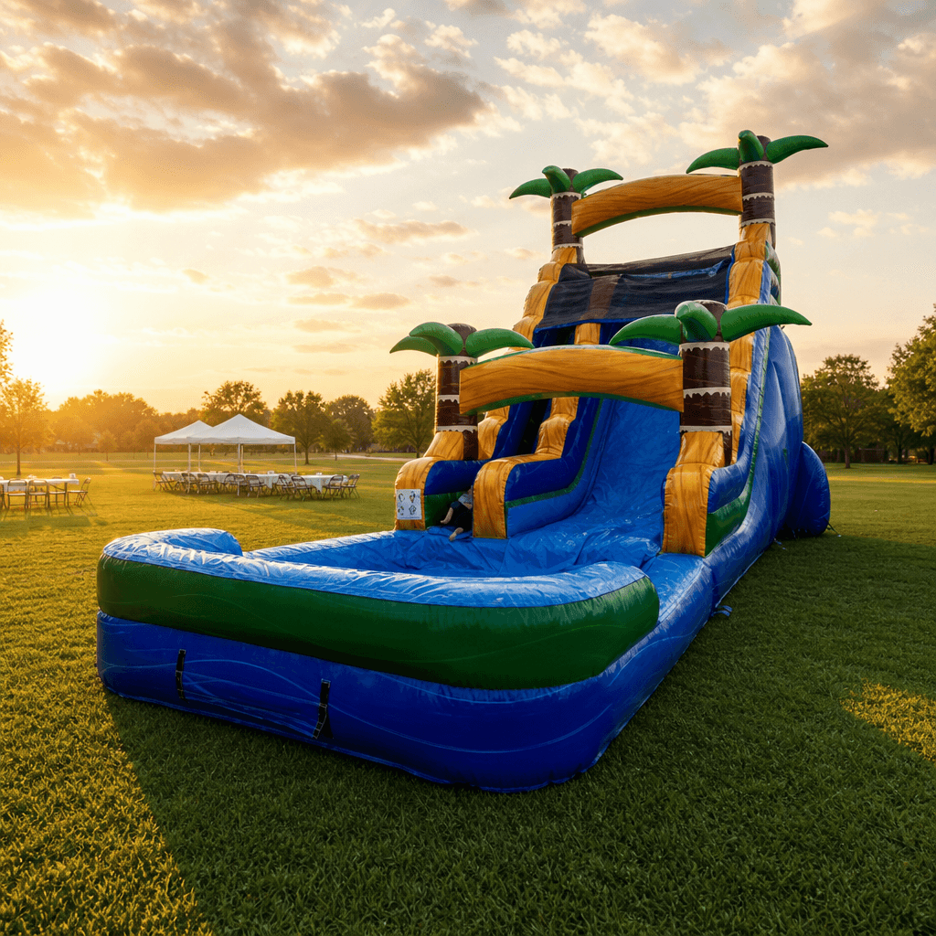 Palm Tree Slide 20′ at a community event (golden hour)