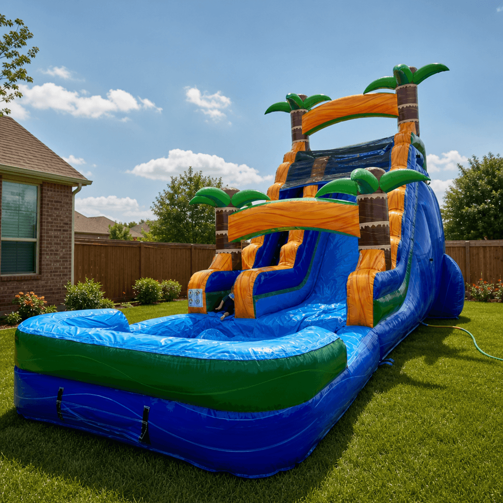 Palm Tree Slide 20′ in a suburban Texas backyard