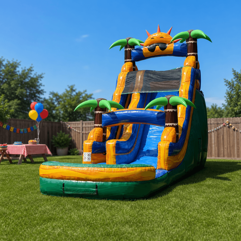 Tropic Slide 20′ set up for a fenced-yard birthday party